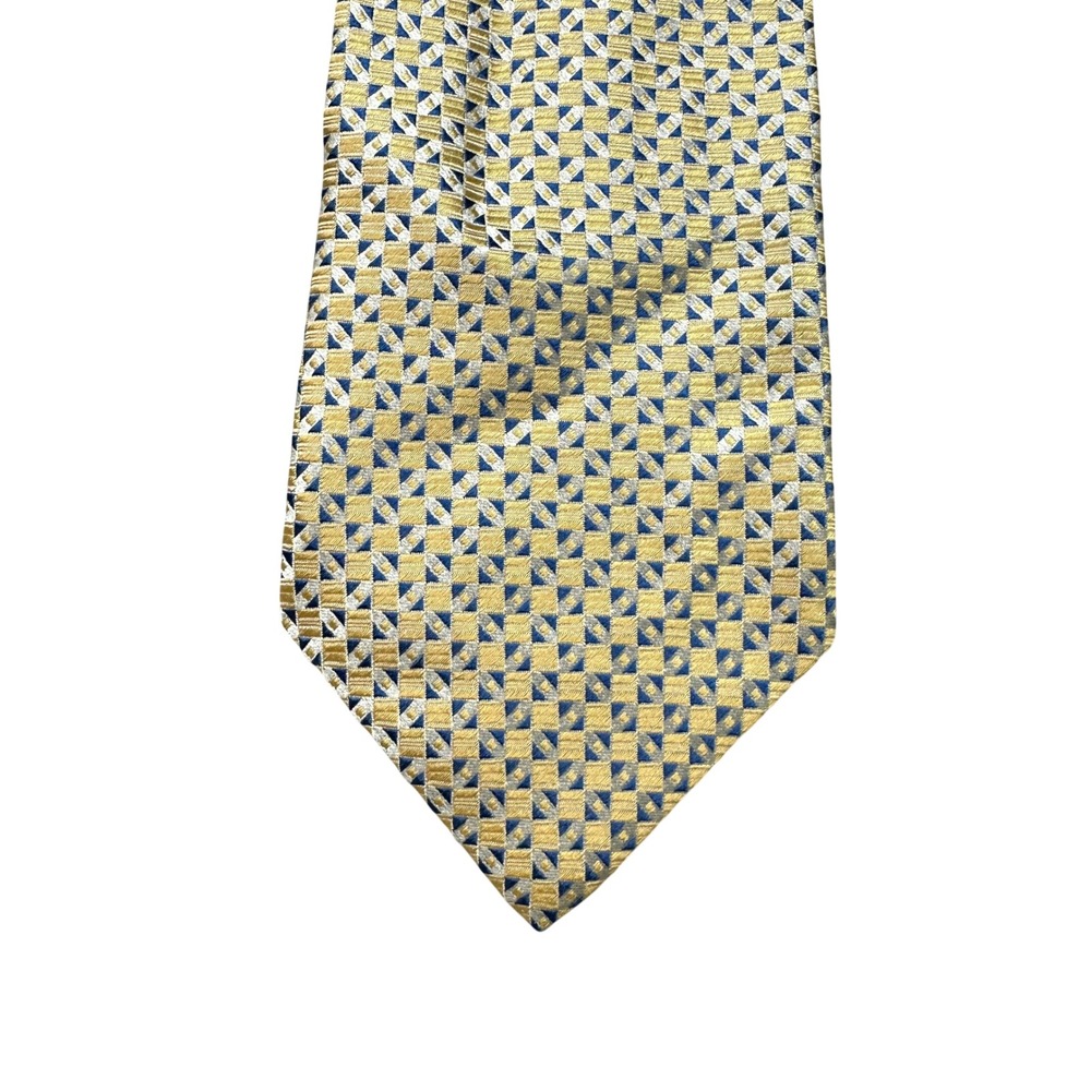 Claiborne Mens Silk Tie Gold Blue Silver Geometric Square Pattern Hand Made 59in